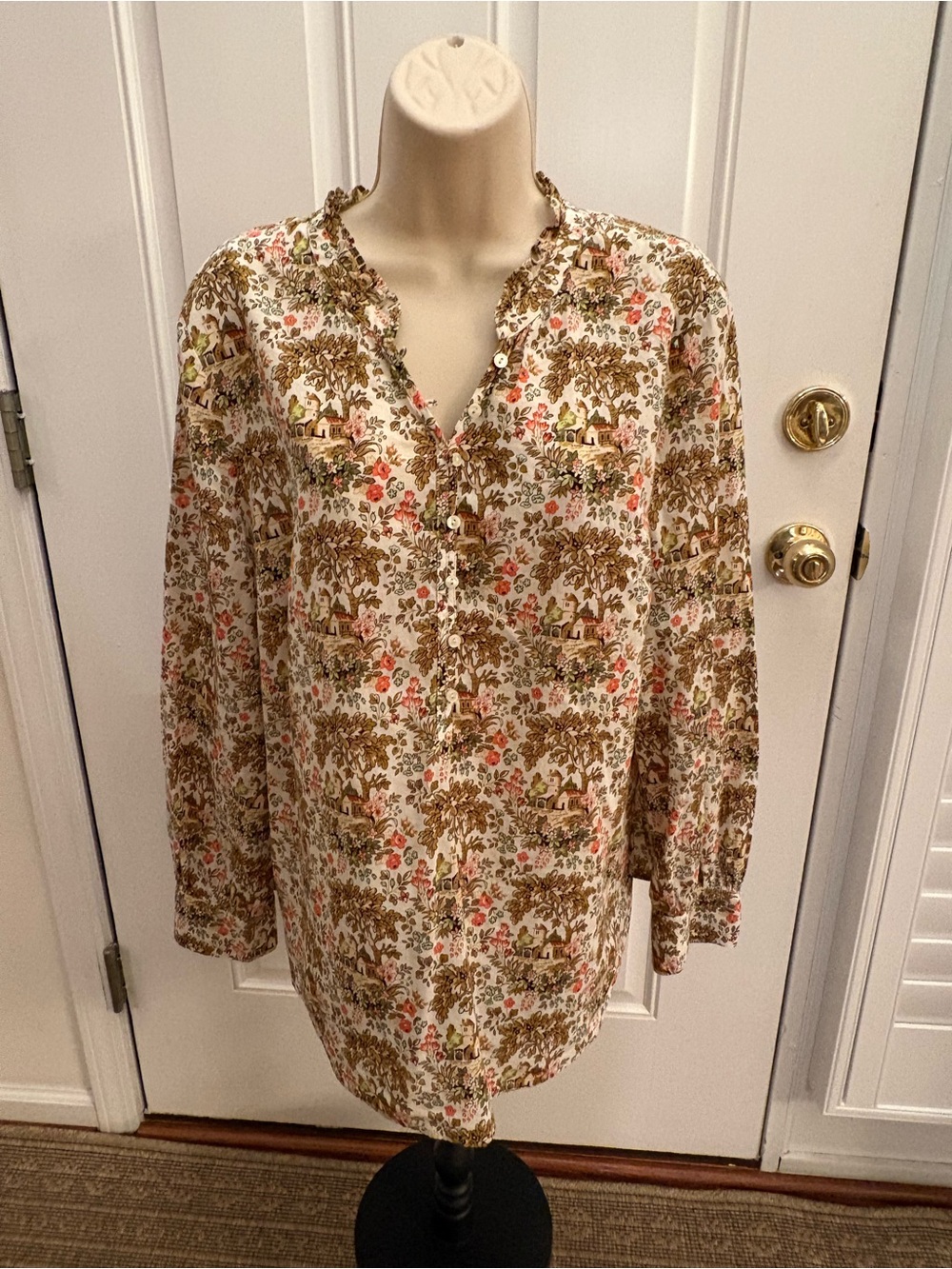Talbots Cream Floral-Print Button-Down Shirt with Brown and Pink Accents